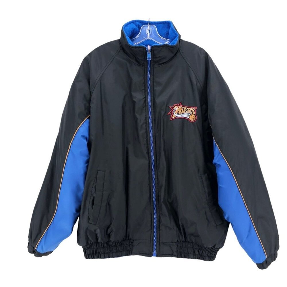 Unique 76ers Reversible Jacket Nylon Fleece Black Blue Vintage Men's LARGE